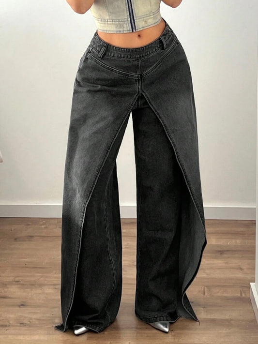 CM-BS673717 Women Casual Seoul Style Vintage Wash Drop-Waist Wide Leg Denim Jeans - Black