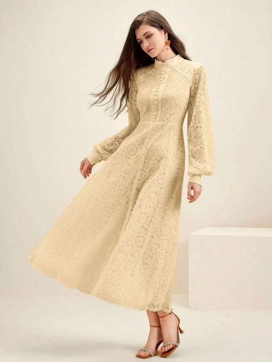 CM-DS007437 Women Elegant Seoul Style Lace Mandarin Collar Long Sleeve A-Line Dress - Apricot