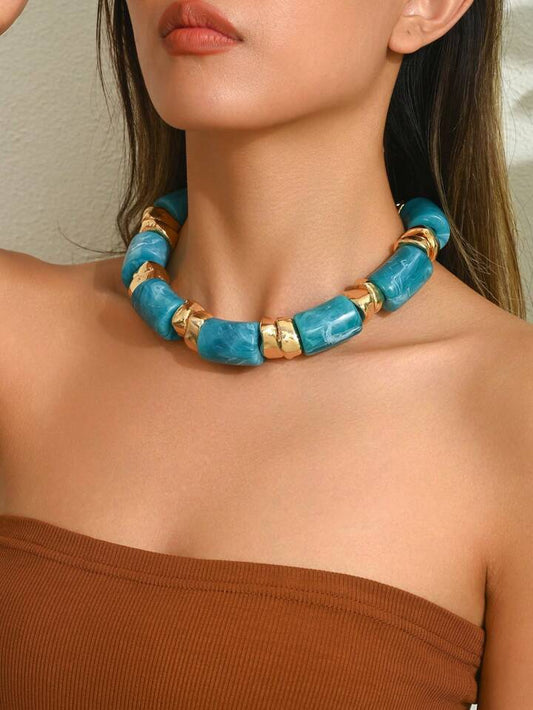 CM-AXS191099 Women Trendy Bohemian Style Jade Resin Bead Asymmetrical Golden Bead Necklace