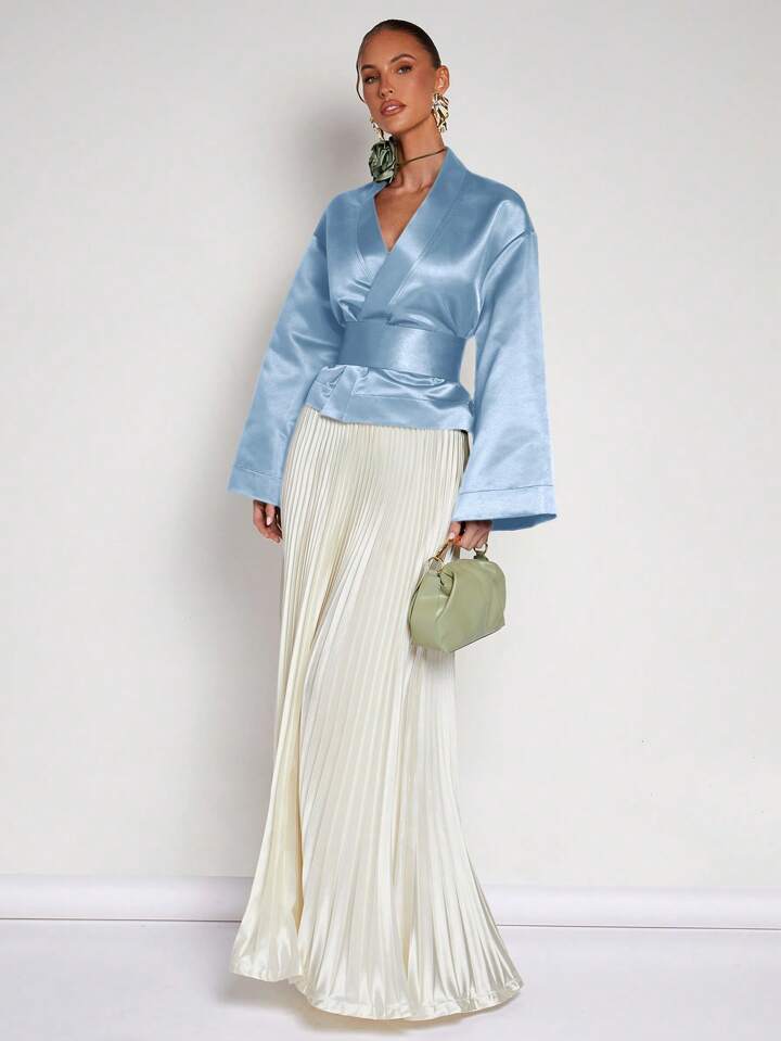 CM-TS888050 Women Elegant Seoul Style Solid Color V-Neck Wrap Flared Sleeve Blouse - Baby Blue