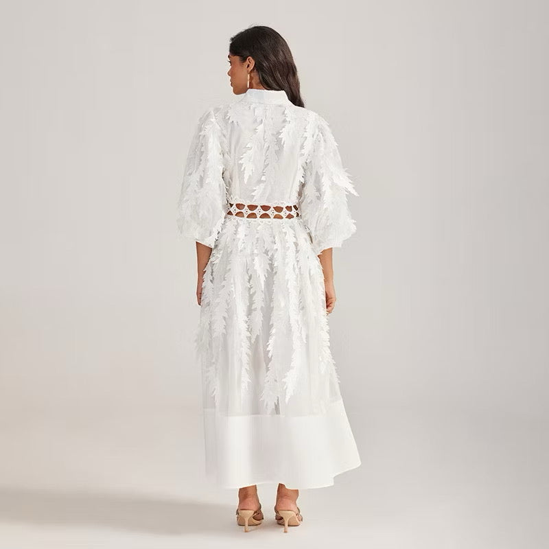 CM-DY055505 Women Elegant European Style Collar Rhinestone Neckline Half Sleeve Hollow Out Long Dress - White