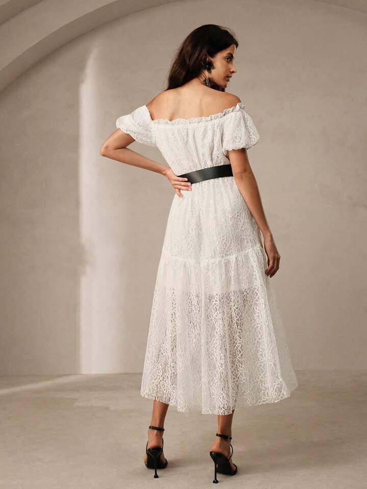 CM-DS047391 Women Elegant Seoul Style Lace Off the Shoulder Puff Sleeve Long Dress - White