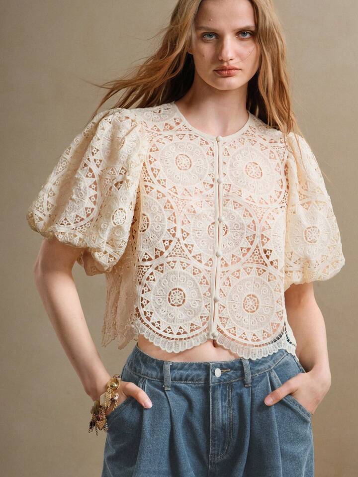CM-TS318012 Women Elegant Seoul Style Lace Hollow Puff Sleeve Round Neck Placket Shirt - Apricot