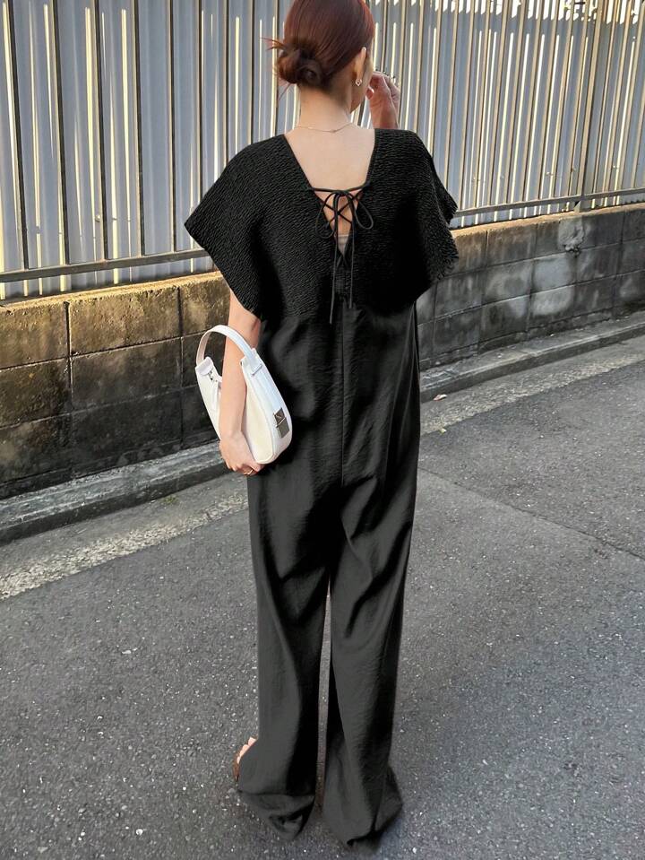 CM-JS610708 Women Trendy Bohemian Style V-Neck With Drawstring Jumpsuit Trousers - Black