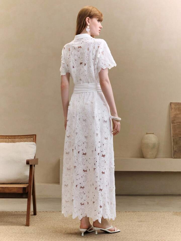 CM-DS577050 Women Trendy Bohemian Style Lace Hollow-Out Embroidered Floral Short Sleeve Open-Front Maxi Dress