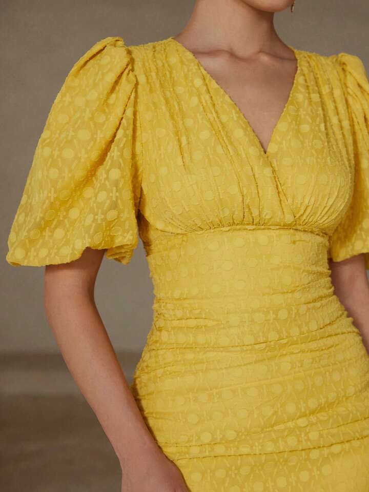 CM-DS315420 Women Elegant Seoul Style Chiffon Cut-Out V-Neck Puff Sleeve Ruffle Bodycon Dress - Yellow