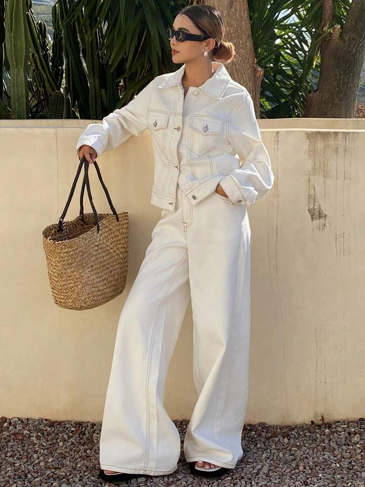 CM-SS672764 Women Casual Seoul Style Collared Neckline Long Sleeve Denim Jacket With Pants - Set