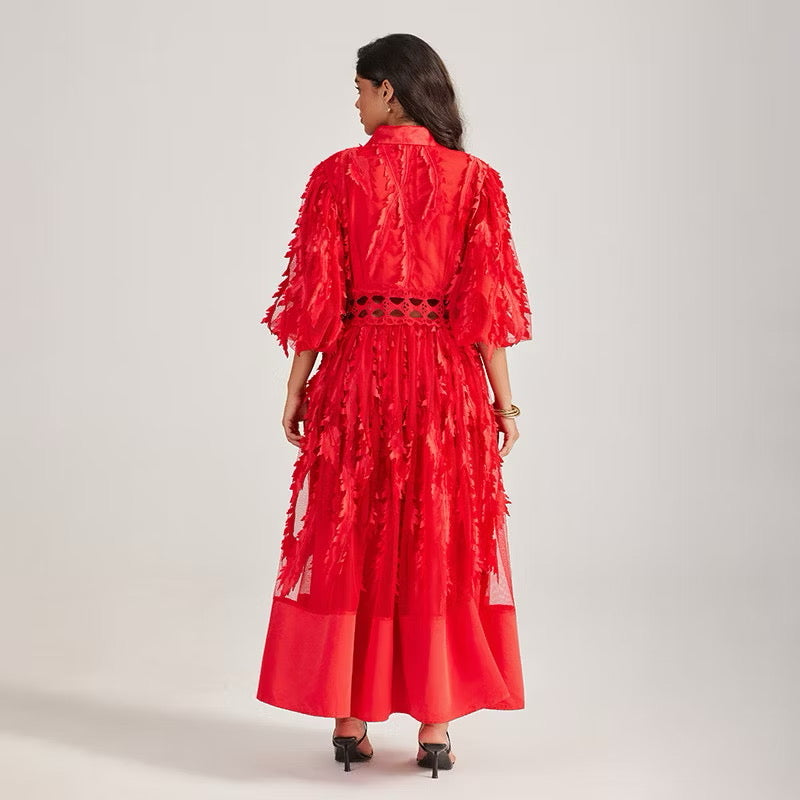CM-DY055505 Women Elegant European Style Collar Rhinestone Neckline Half Sleeve Hollow Out Long Dress - Red