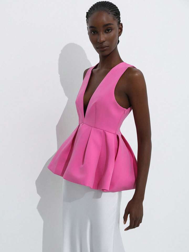 CM-TS254932 Women Elegant Seoul Style Deep V-NeckSleeveless Ruffle Hem Design Blouse - Hot Pink
