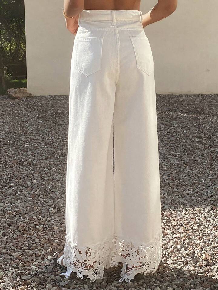 CM-BS987069 Women Casual Seoul Style Mid Waist Solid Color Lace Patchwork Wide-Leg Jeans - White