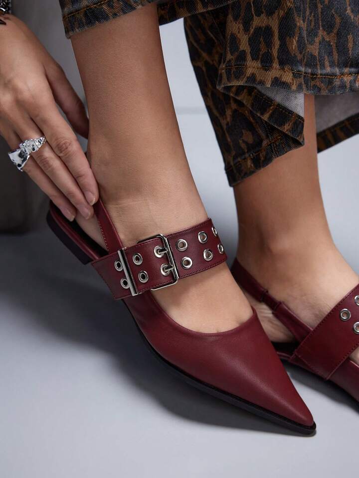 CM-SHS862685 Women Trendy Seoul Style PU Leather Pointed Toe Flat Shoes With Back Strap - Burgundy