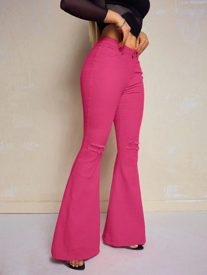 CM-BS440541 Women Casual Seoul Style Solid Color Frayed Hem Skinny Flared Jeans - Hot Pink