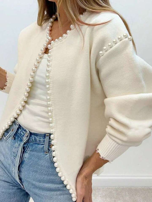 CM-CS690395 Women Casual Seoul Style Pearl Trim Distressed Hem Long Sleeve Knit Sweater - White