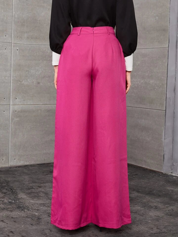 CM-BS678279 Women Elegant Seoul Style Solid Mid Waist Zip Back Wide Leg Pants - Hot Pink