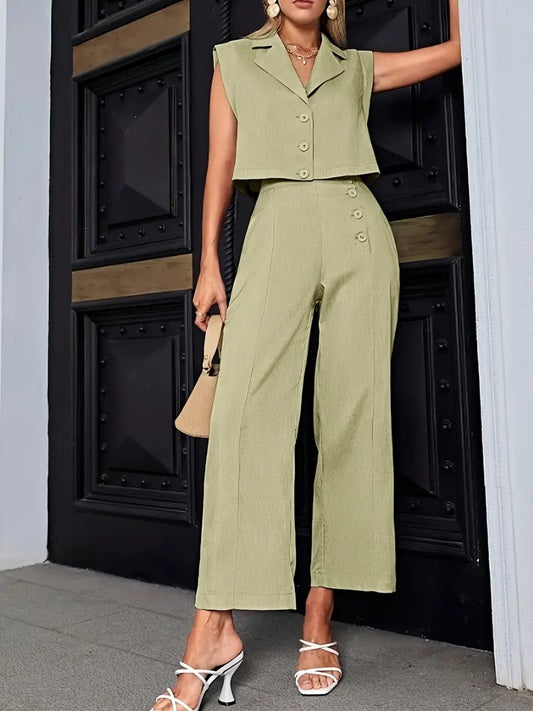 CM-ST537416 Women Elegant Seoul Style Solid Color Lapel Neckline Sleeveless Blouse With Slant Pocket Pants - Set