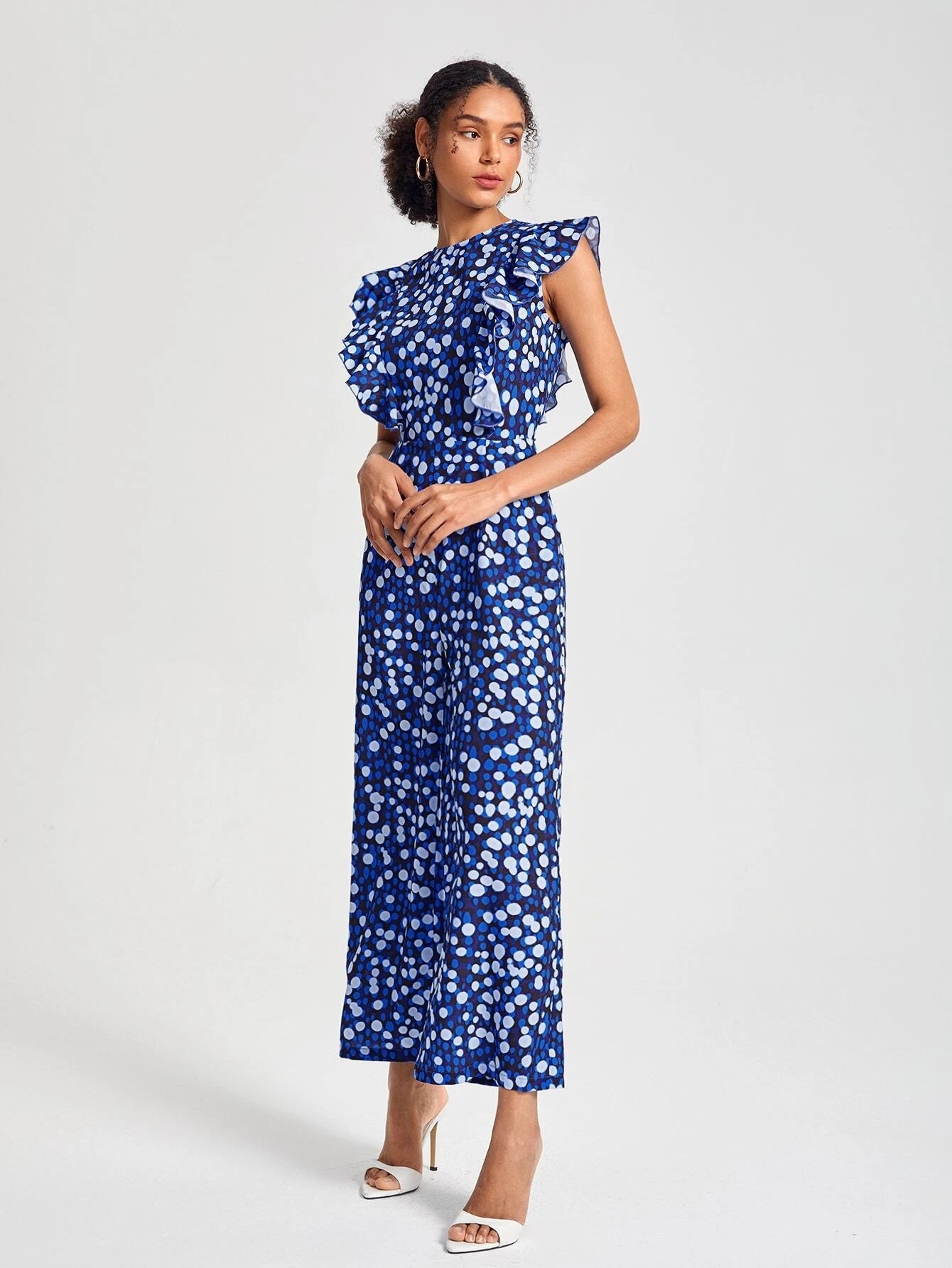 CM-JS040339 Women Casual Seoul Style Allover Print Ruffle Trim Wide Leg Jumpsuit