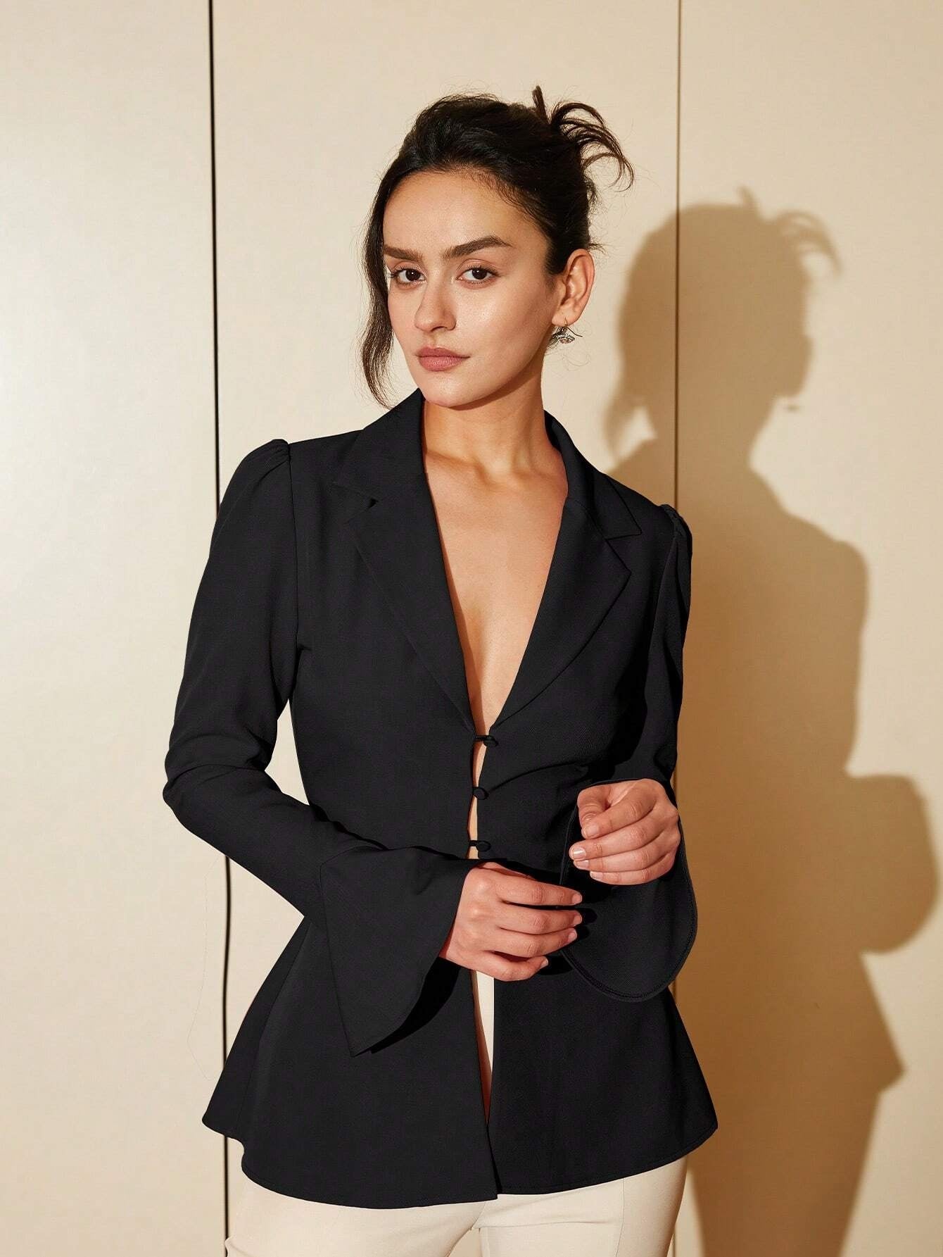 CM-TS222833 Women Elegant Seoul Style Lapel Neck Flounce Sleeve Button Front Blouse - Black
