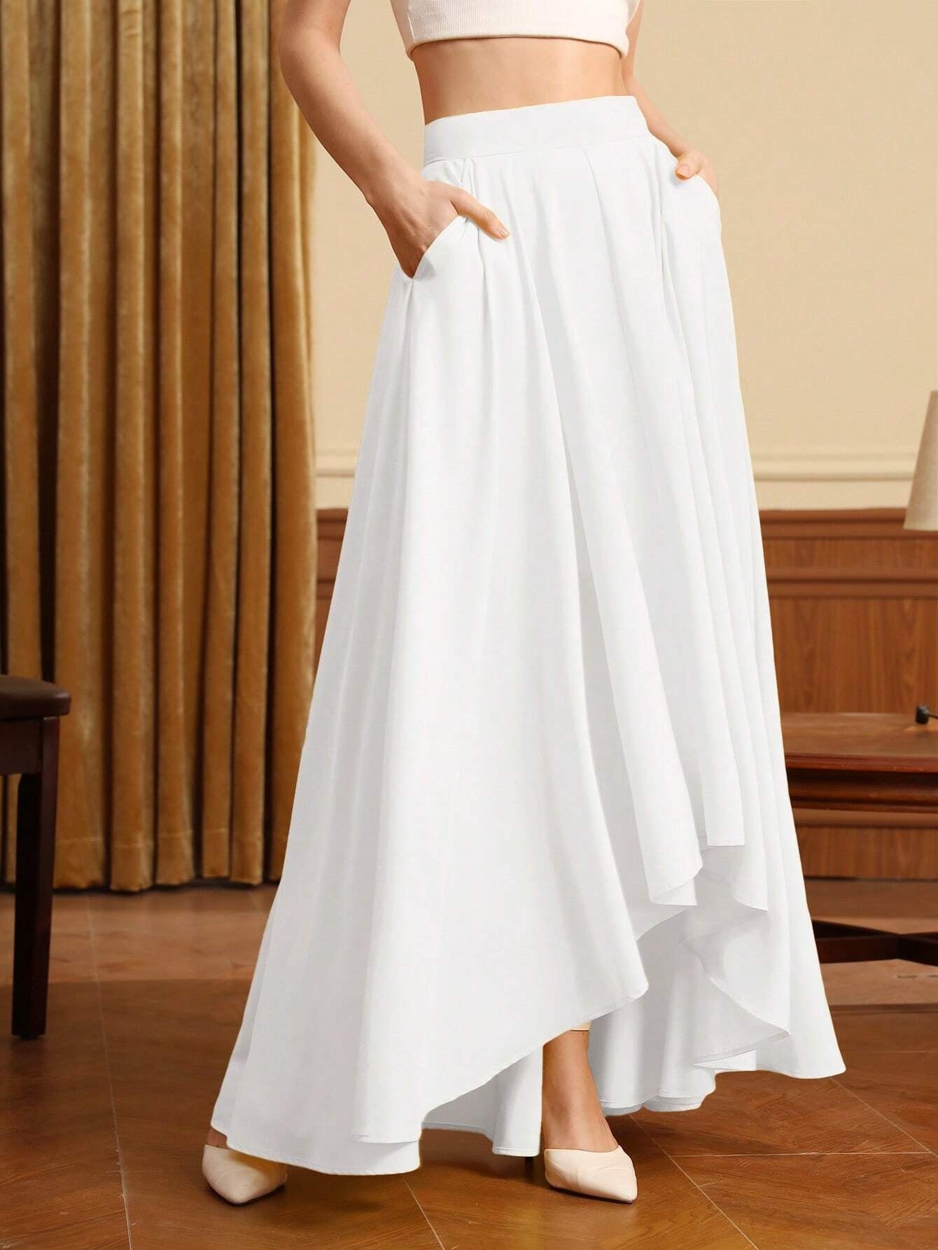 CM-BS981102 Women Trendy Bohemian Style High Waist Asymmetrical Hem Skirt - White