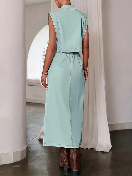 CM-ST361154 Women Elegant Seoul Style Solid Color Sleeveless Front Button Top With Half Skirt - Set