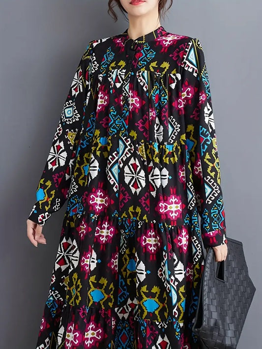 CM-DT103391 Women Casual Seoul Style Geometric Print Stand Collar Long Sleeve A-Line Loose Fit Maxi Dress
