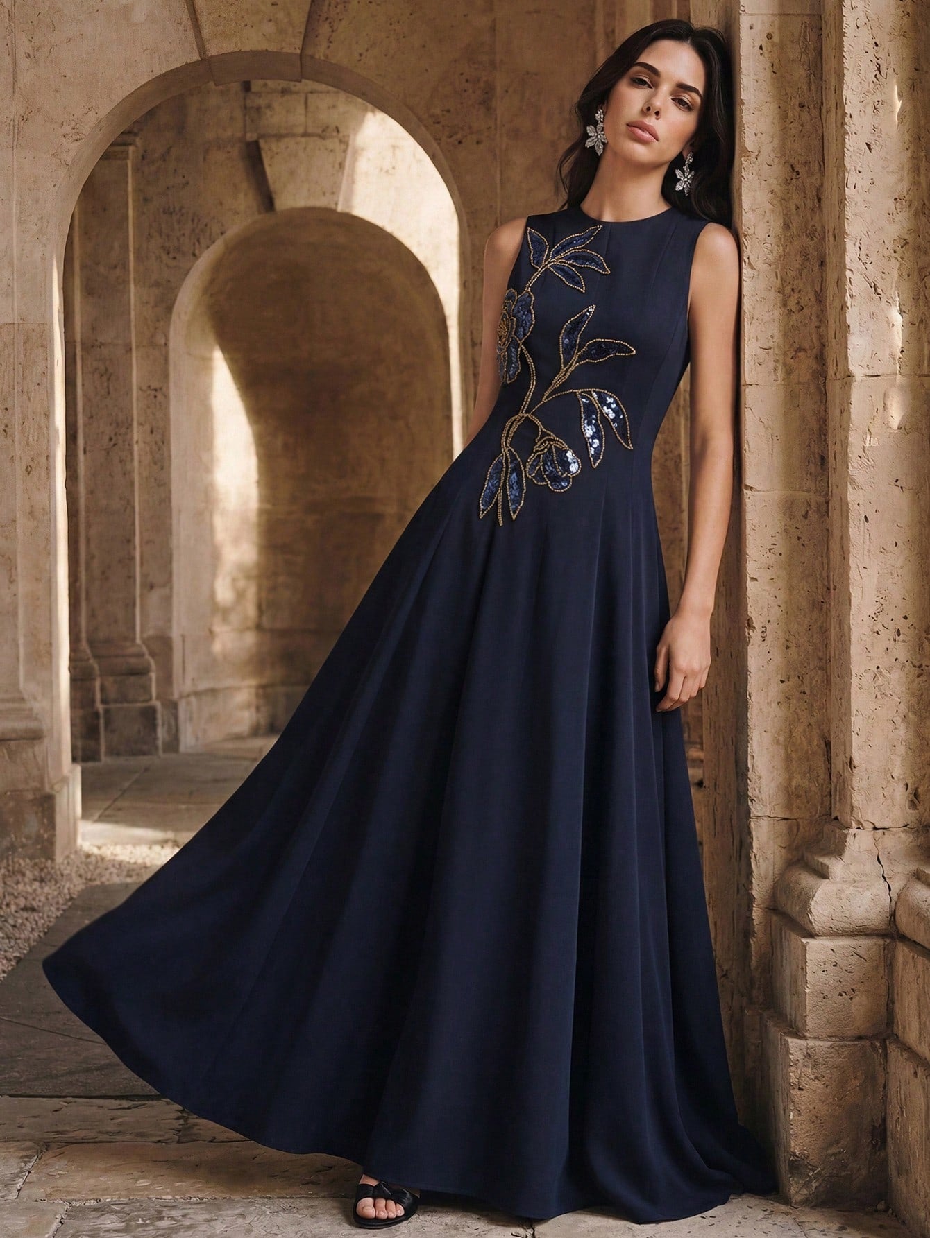 CM-DS069557 Women Elegant Seoul Style Round Neck Sleeveless Sequin Beaded A-Line Long Dress - Blue