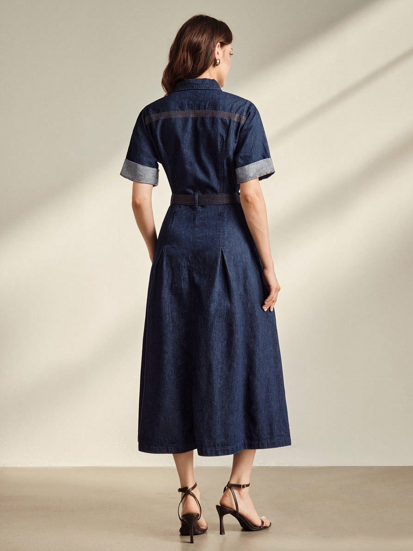 CM-DS464235 Women Elegant Seoul Style Collar Neckline Roll Up Sleeve High Waist Fitted Denim Dress - Blue