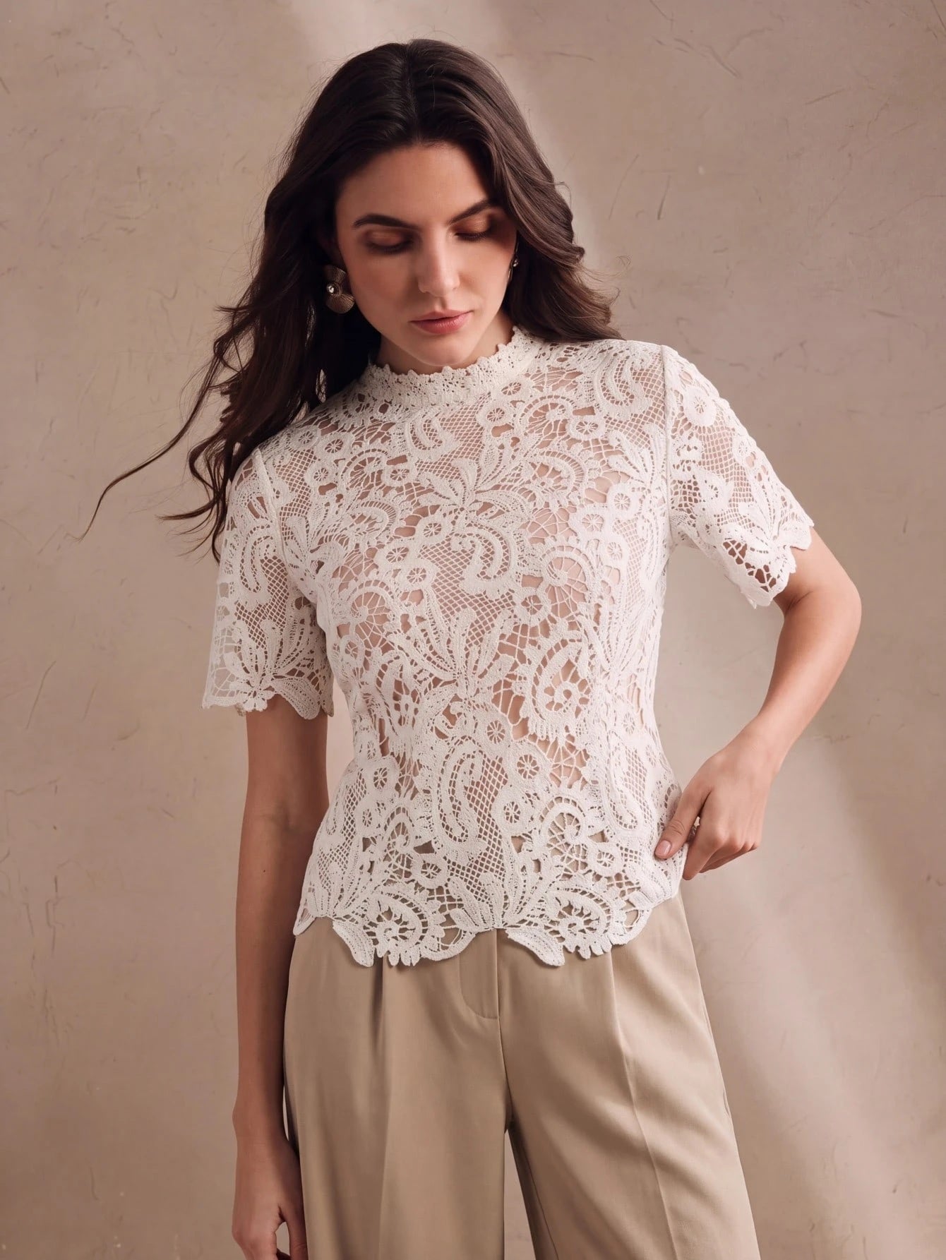 CM-TS144957 Women Elegant Seoul Style Stand Collar Hollow Floral Short Sleeve Blouse - Apricot