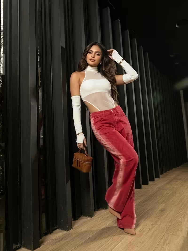 CM-BT004567 Women Casual Seoul Style High-Waist Gradient Wide-Leg Jeans