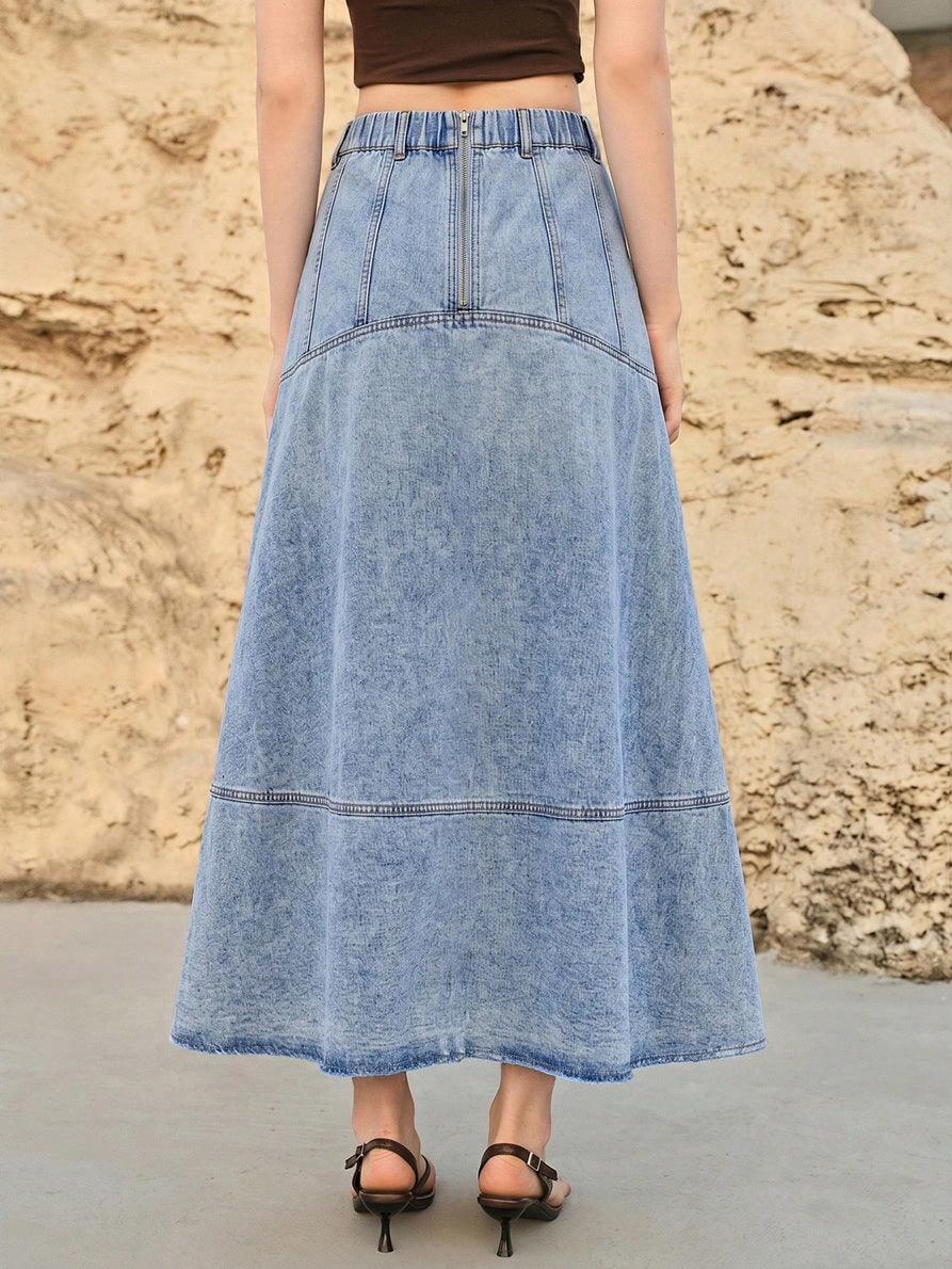 CM-BS315257 Women Casual Seoul Style Medium Wash Mid Waist Slant Pocket A-Line Long Denim Skirt