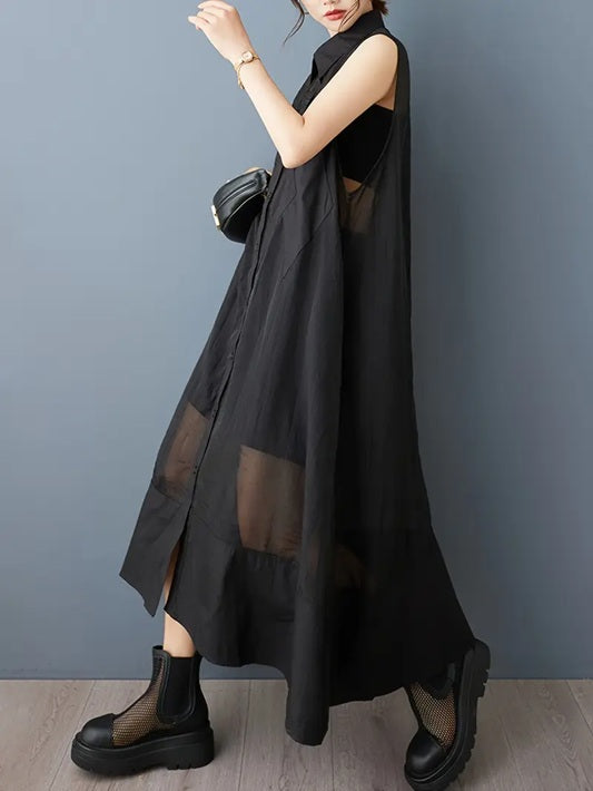 CM-DT427899 Women Elegant Seoul Style Collar Neckline Sleeveless Organza Vest Loose Fit Dress - Black