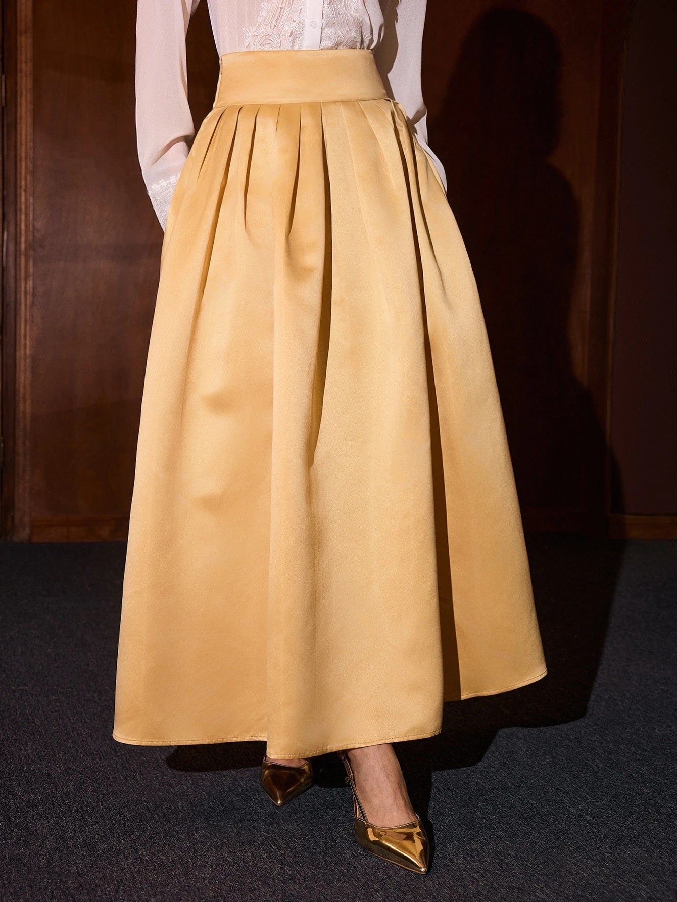CM-BS835243 Women Elegant Seoul Style High Waist Solid Fold Pleated Zipper Side Long Skirt - Khaki