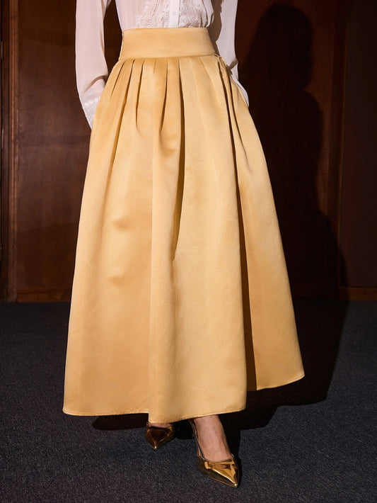 CM-BS835243 Women Elegant Seoul Style High Waist Solid Fold Pleated Zipper Side Long Skirt - Khaki
