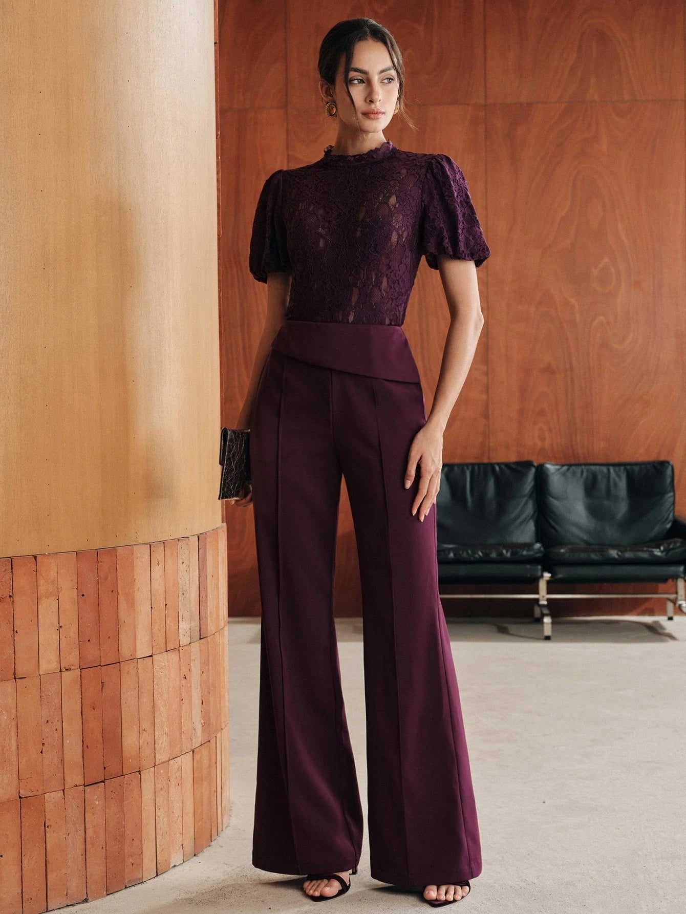CM-TS334227 Women Elegant Seoul Style Round Neck Floral Lace Puff Short Sleeve T-Shirt - Purple
