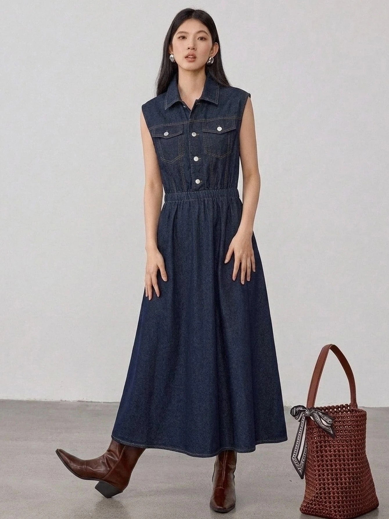 CM-DS131025 Women Casual Seoul Style Dark Wash Collared Sleeveless Button-Up Big Pocket Cinched Waist Denim Dress