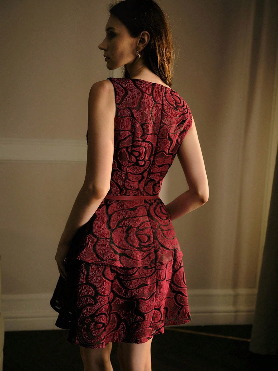 CM-DS718191 Women Elegant Seoul Style Round Neck Sleeveless Cinched Waist A-Line Jacquard Mini Dress - Burgundy