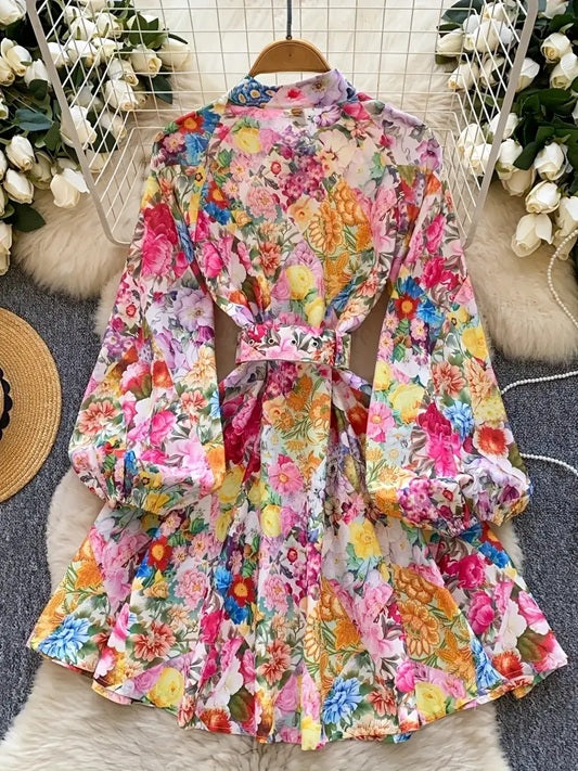 CM-DT765286 Women Elegant Seoul Style Stand Collar Lantern Sleeve Floral Print A-Line Dress