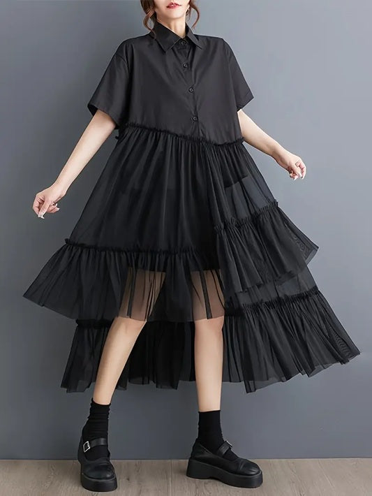 CM-DT180028 Women Casual Seoul Style Collar Neckline Long Sleeve Loose Shirt Dress - Black