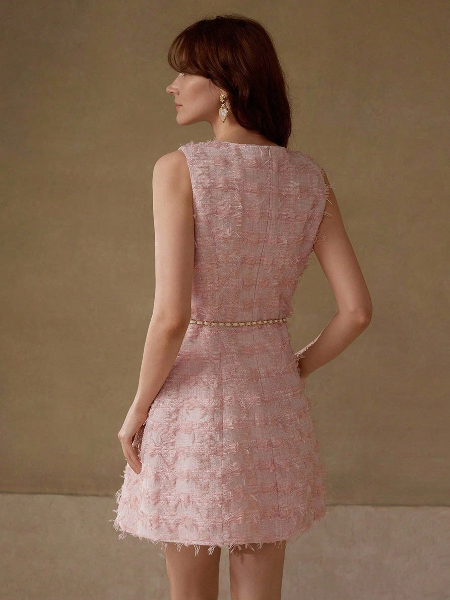 CM-DS077193 Women Elegant Seoul Style Round Neck Sleeveless Tweed Button Up Short Dress - Pink