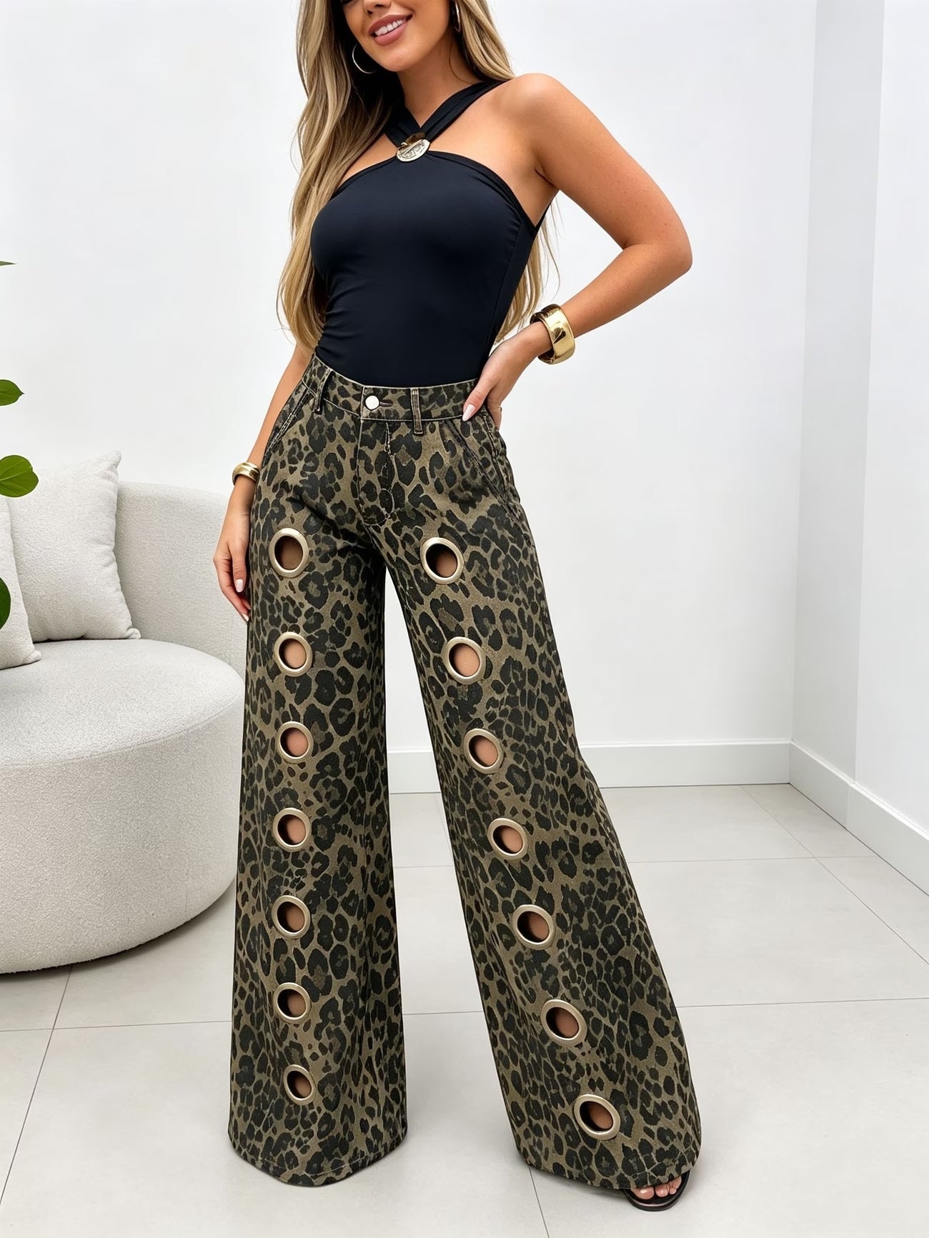 CM-BT026767 Women Casual Seoul Style High Waist Gothic Metal Ring Decor Leopard Wide Leg Jeans