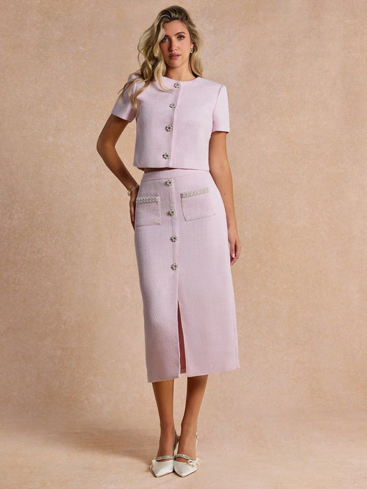 CM-SS468391 Women Elegant Seoul Style Round Neck Puff Sleeve Tweed Pearl Buttons Short Sleeve With Skirt - Set