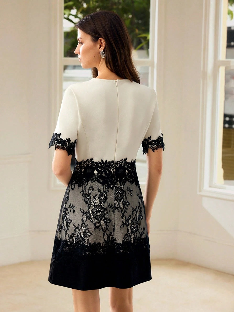 CM-DS712443 Women Elegant Seoul Style Round Neck Short Sleeve Colorblock Lace Waist-Cinching A-Line Mini Dress