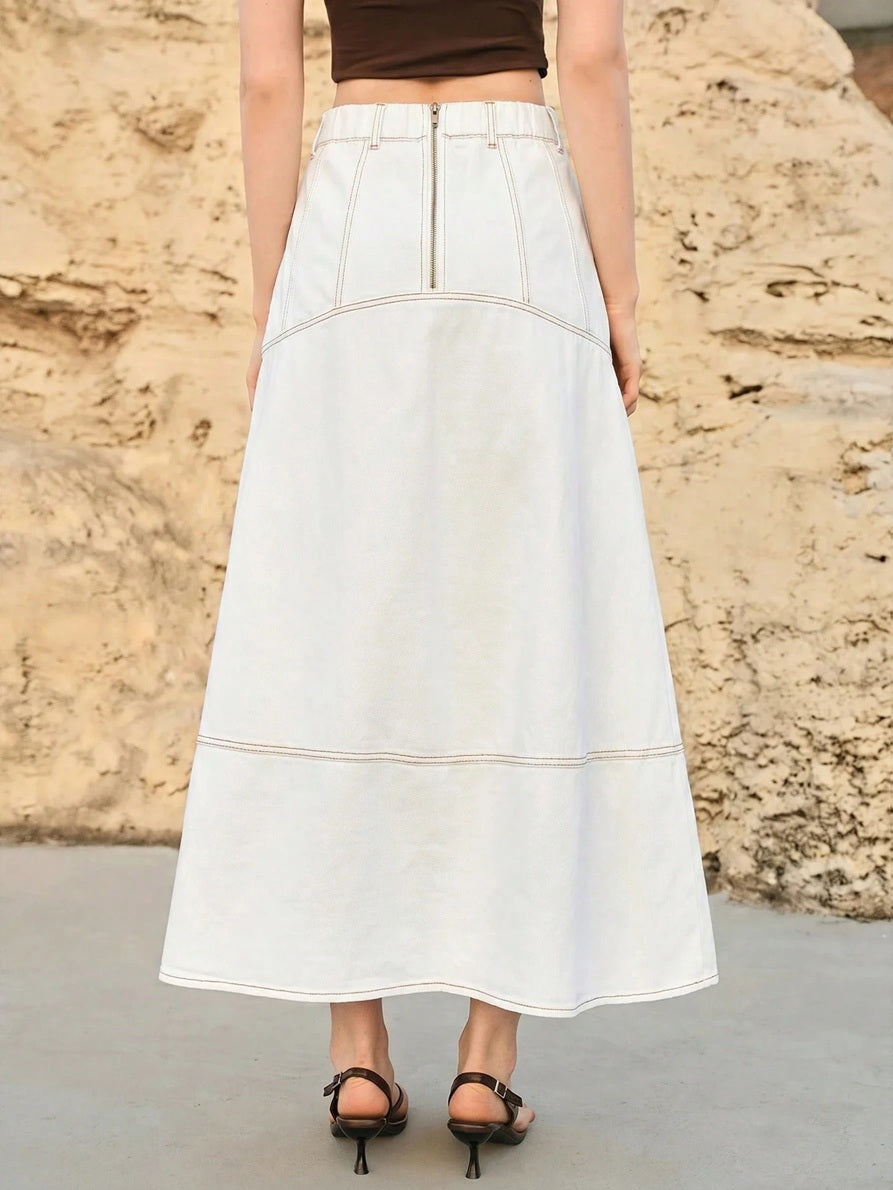 CM-BS304200 Women Casual Seoul Style Mid Waist Slant Pocket A-Line Long Denim Skirt - White