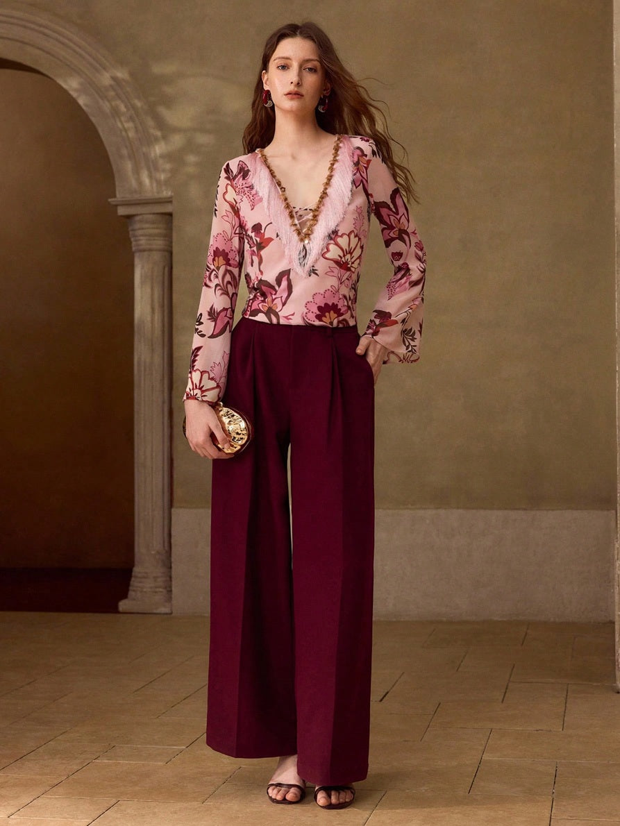 CM-TS811501 Women Trendy Bohemian Style V-Neck Flare Sleeve Floral Print Sequin Detail Tassel Top