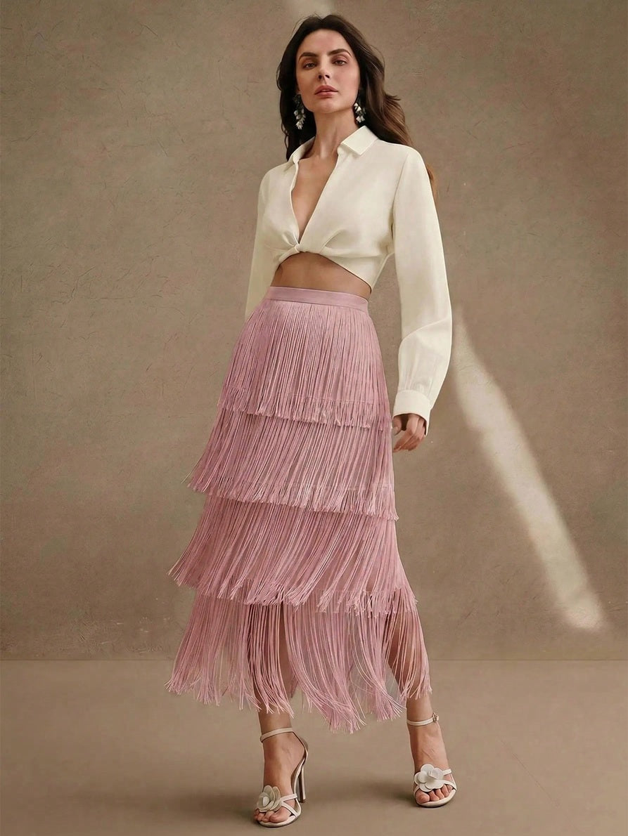 CM-BS707440 Women Elegant Seoul Style High Waist Tiered Layered Tassel Midi Skirt - Pink