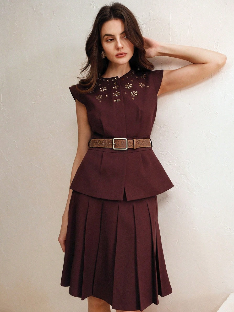 CM-SS912249 Women Elegant Seoul Style Round Neck Cap Sleeve Waist Belt Pleated Embellished Top With Midi Skirt - Set