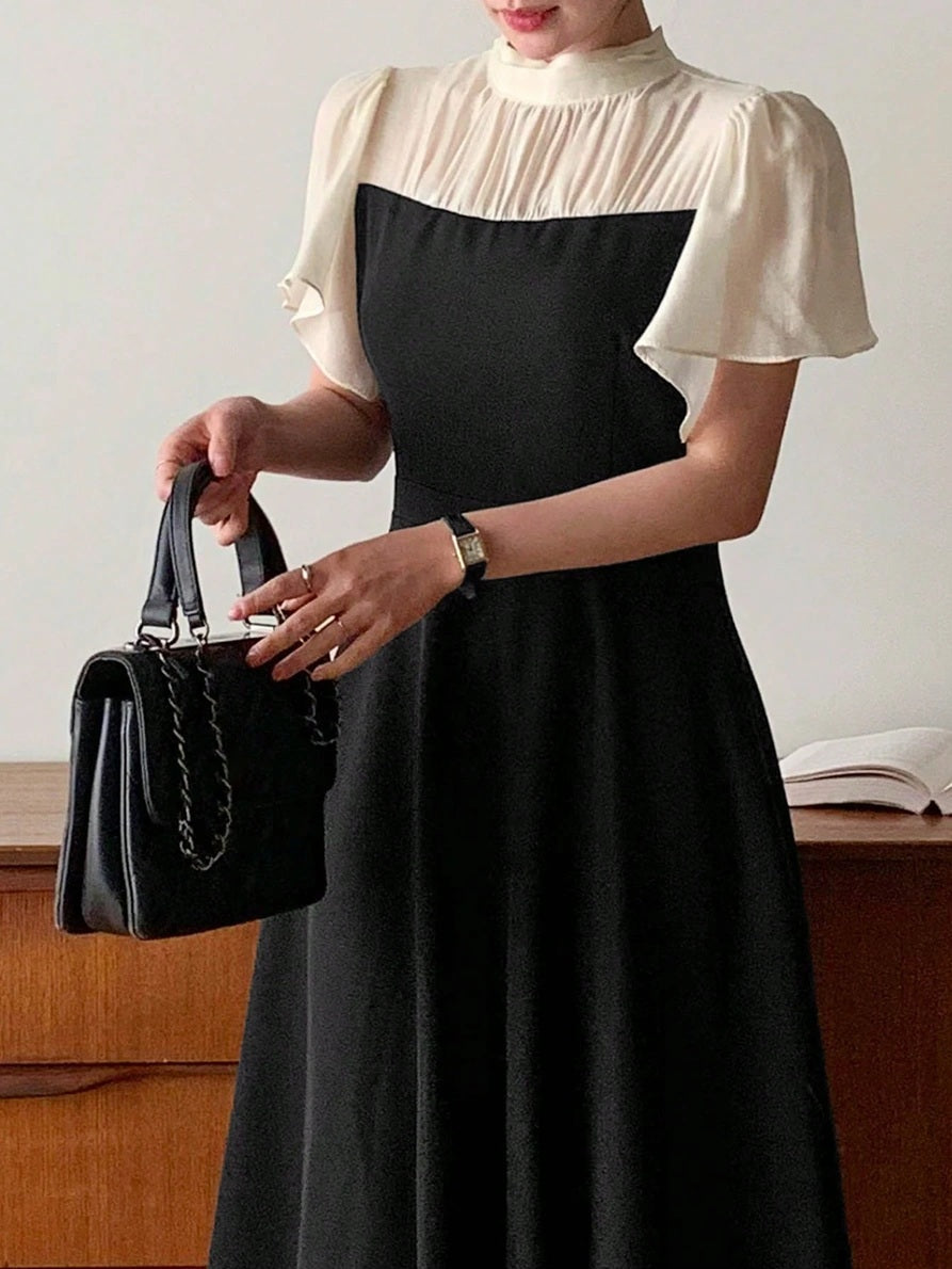 CM-DS116914 Women Elegant Seoul Style Stand Collar Puff Sleeve Patchwork Contrast Color Waist-Cinched Midi Dress