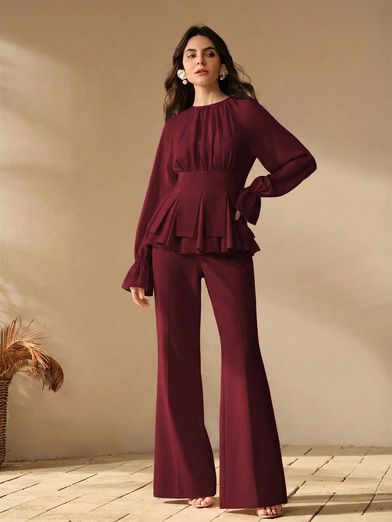 CM-SS795385 Women Elegant Seoul Style Round Neck Long Sleeve Chiffon Patchwork Blouse With Flared Leg Pants - Set
