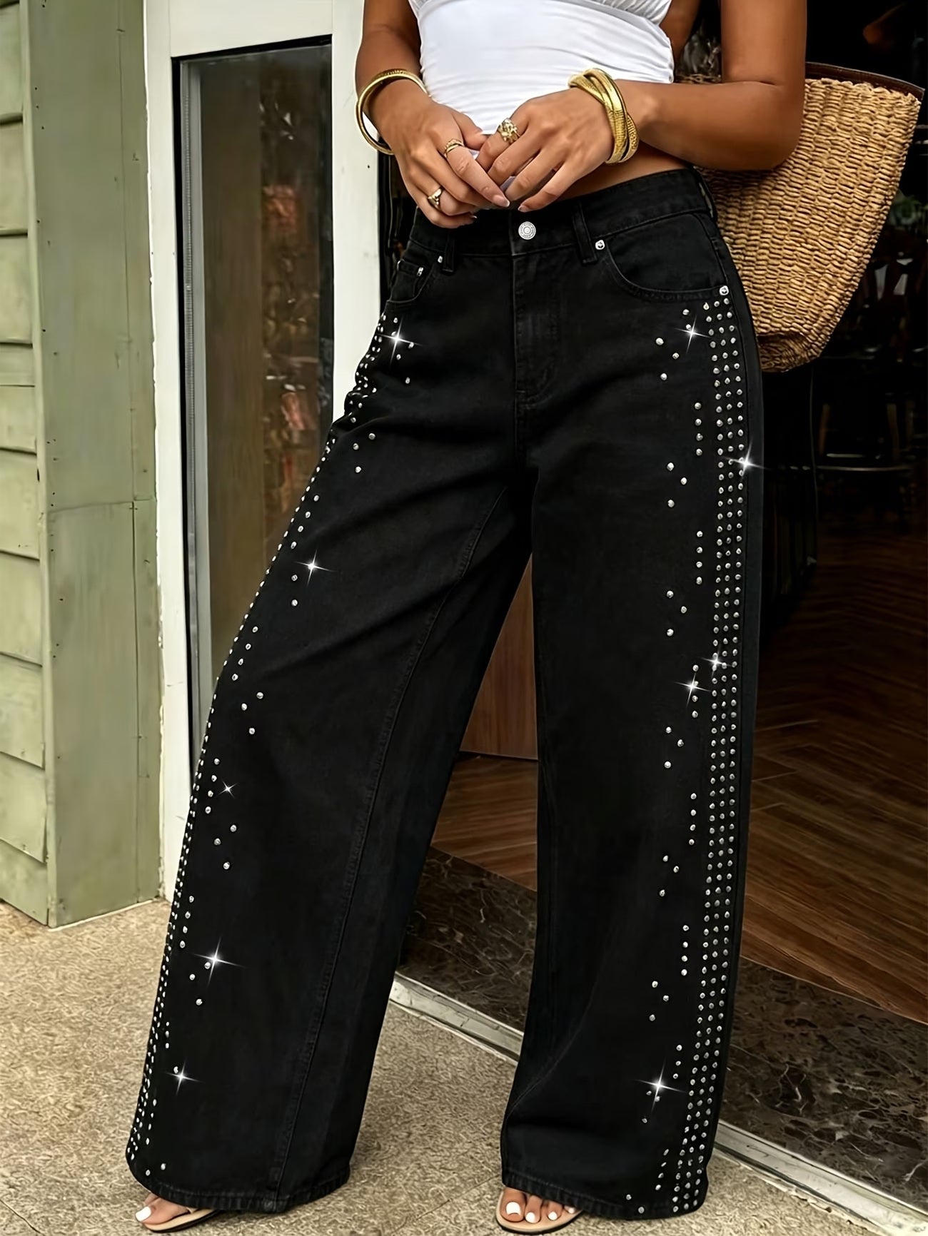 CM-BT216239 Women Casual Seoul Style High Waist Straight Leg Jeans - Black