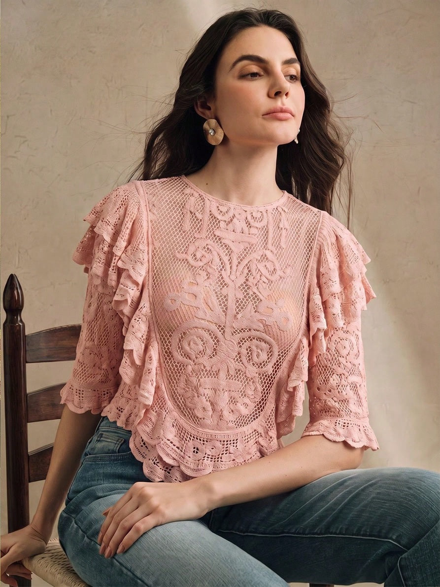 CM-TS576844 Women Elegant Seoul Style Cropped Half Sleeve Multi-Layer Ruffle Mesh Crochet Top - Pink