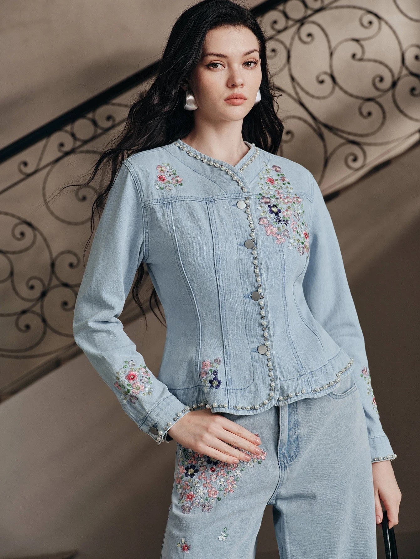 CM-CS891801 Women Elegant Seoul Style Stand Collar Long Sleeve Floral Embroidery Slim Fit Jacket - Blue